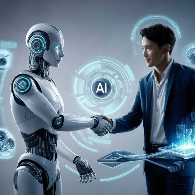 freelance digital marketing specialist in kannur a businessman shake hands with a robot symbolizing AI innovation.