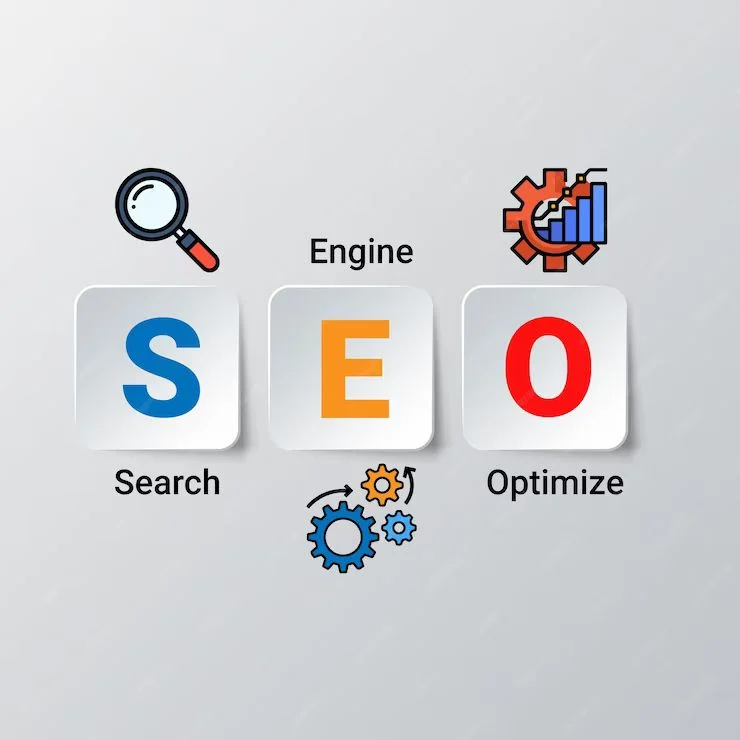 A graphic showing the letters S, E, O representing Search Engine Optimize, with icons of magnifying glass and growth gears, symbolizing SEO strategy and ranking improvement created by a freelance digital marketing specialist in kannur.